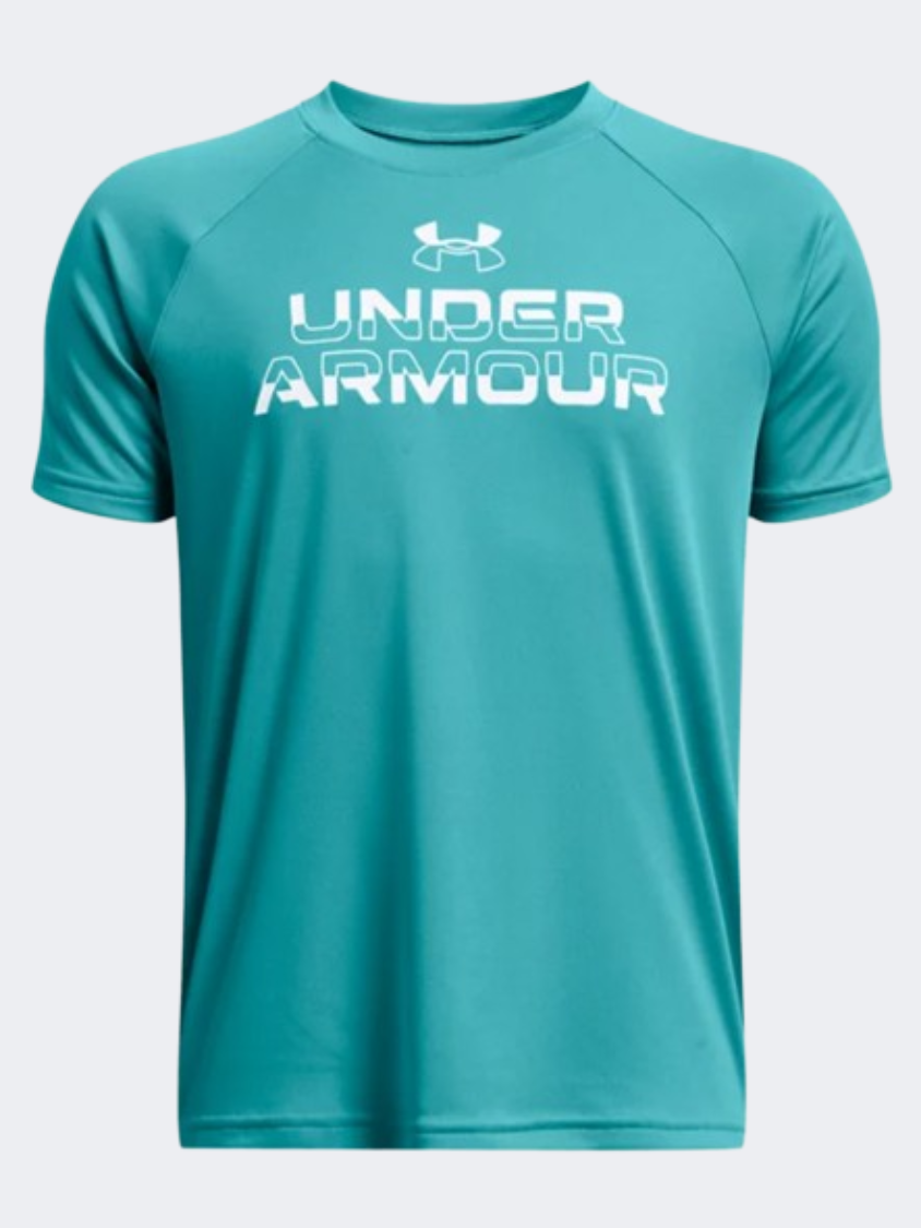 Under Armour Tech Split Wordmark Boys Training T-Shirt Teal/White