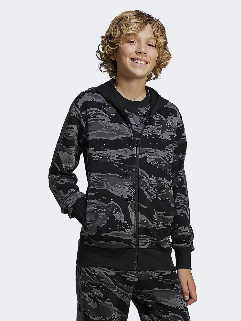 Adidas Seasonal Essentials Camo Full Zip Kids-Boys Sportswear Hoody Black/Grey Five