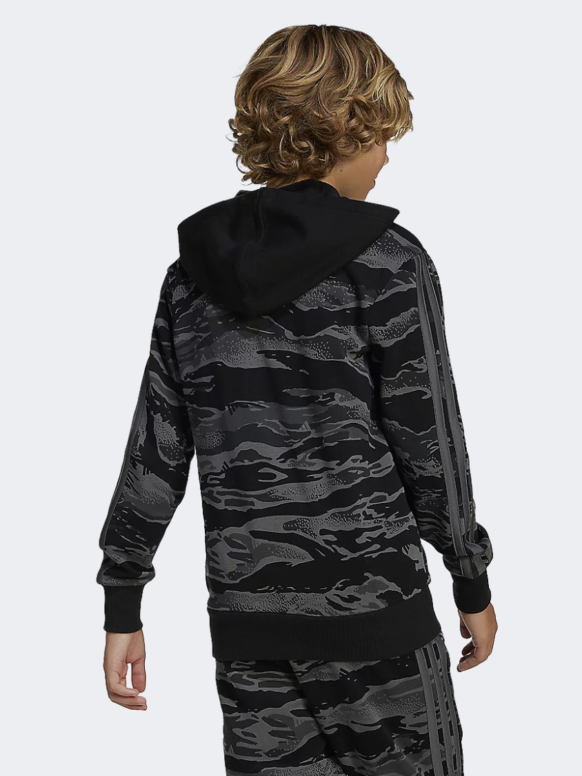 Adidas Seasonal Essentials Camo Full Zip Kids-Boys Sportswear Hoody Black/Grey Five