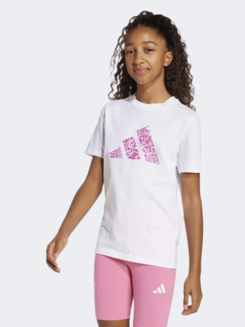 Adidas Animal-Print Graphic Kids-Girls Sportswear T-Shirt White