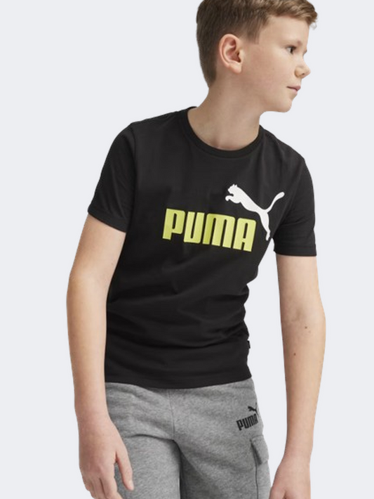 Puma Essential Plus 2 Col Logo Boys Lifestyle T-Shirt Black/Lime Sheen