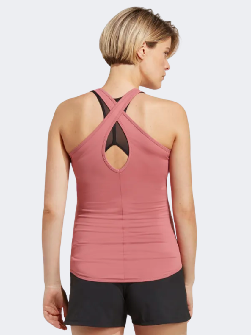 Adidas Aeroready تدريب أساسي للنساء، قميص ضيق، وردي / أبيض