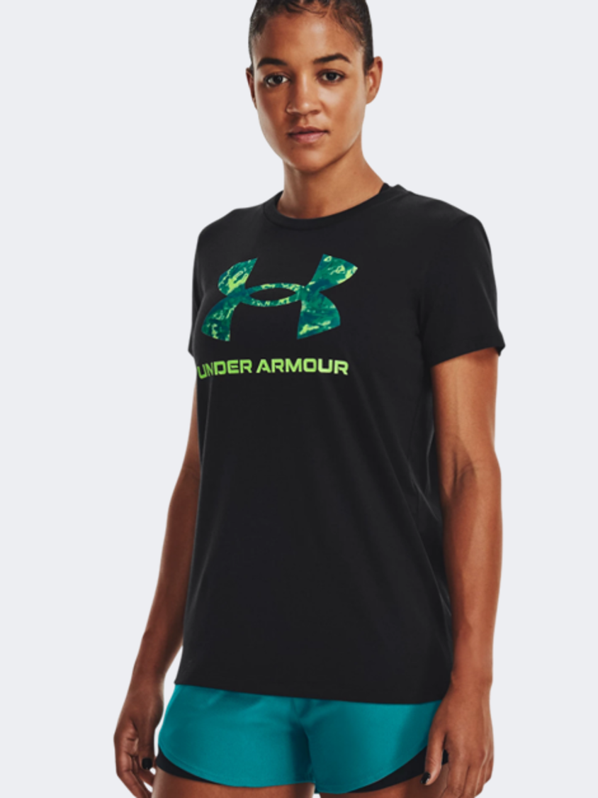 Under Armour تي شيرت نسائي بأكمام قصيرة ونمط رياضي أسود/تلاشي