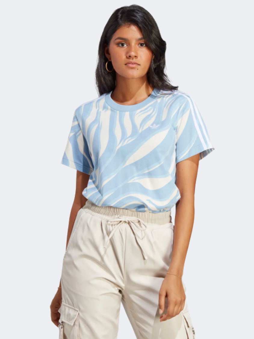 Adidas Abstract Allover Animal Print Women Original T-Shirt Blue/White