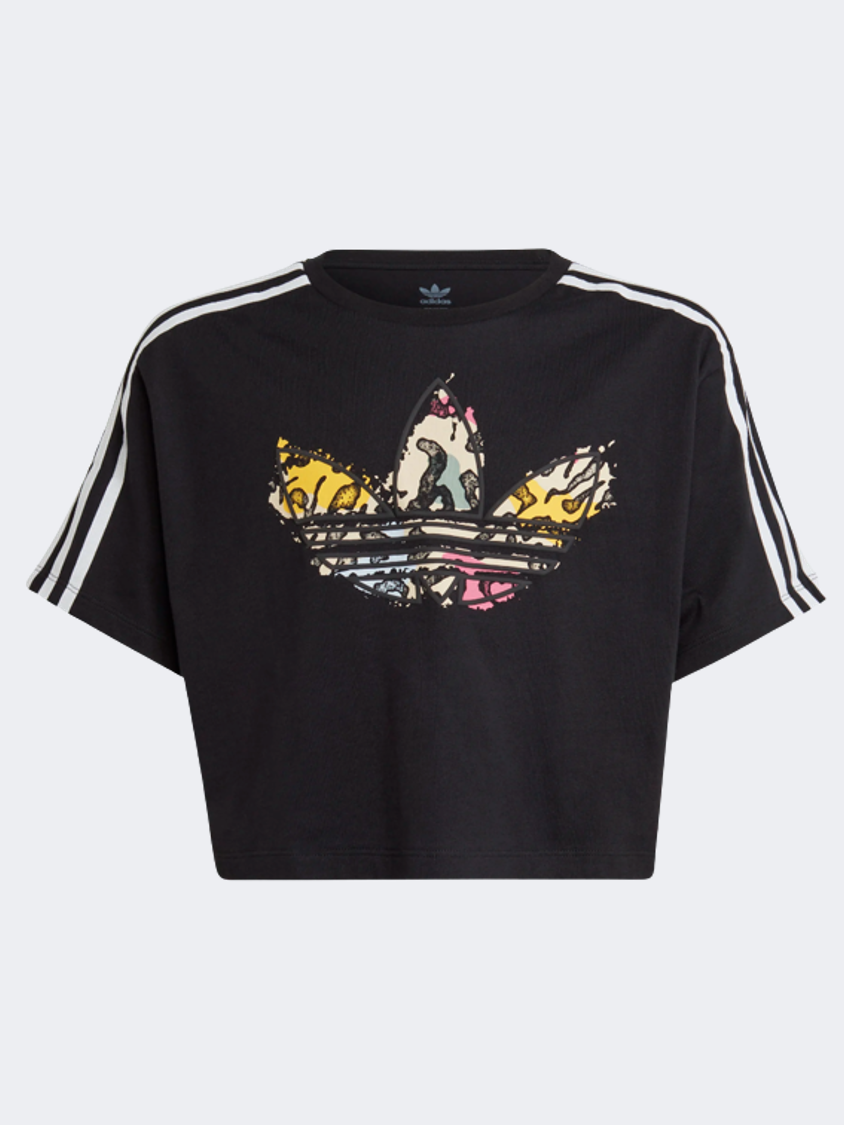 تي شيرت قصير أصلي Adidas بنقشة حيوانات للبنات GS - أسود/أبيض