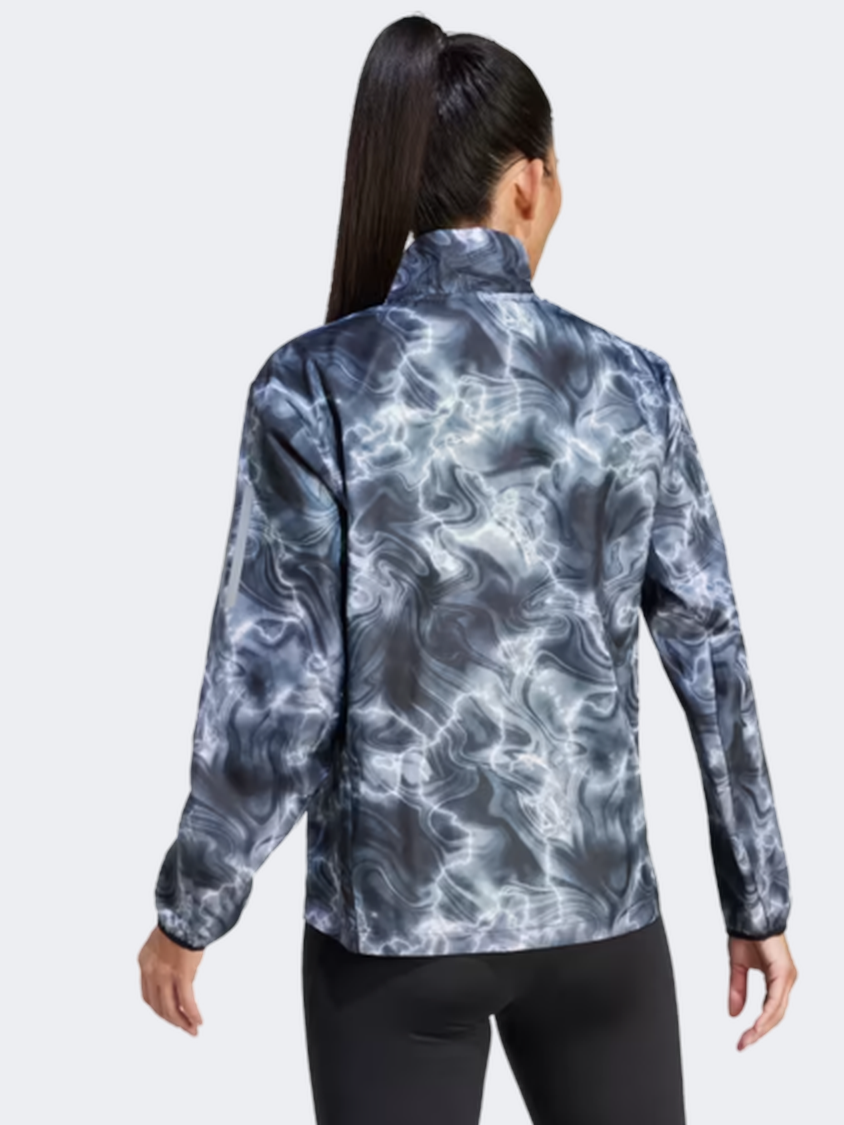 جاكيت جري نسائي Adidas Own The Run All Over Print أبيض/أسود/رمادي