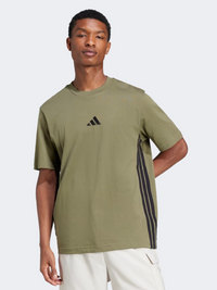 Adidas تيشيرت رياضي رجالي Essentials 3 Stripes زيتوني/أسود