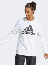 تيشيرت Adidas Essentials رجالي رياضي بأكمام طويلة بلون أبيض/أسود