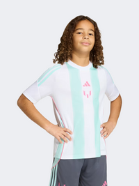 تيشيرت كرة قدم للأولاد من Adidas ليونيل ميسي أبيض/فلاش أكوا