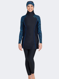 مايوه سباحة نسائي Zoggs Modesty Suit Side Print Monokini أسود/أزرق