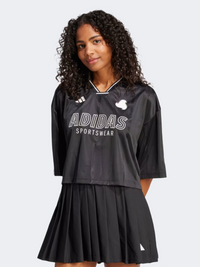 Adidas Tiro Cut 3-Stripes قميص رياضي نسائي واسع مقلم أسود/أبيض