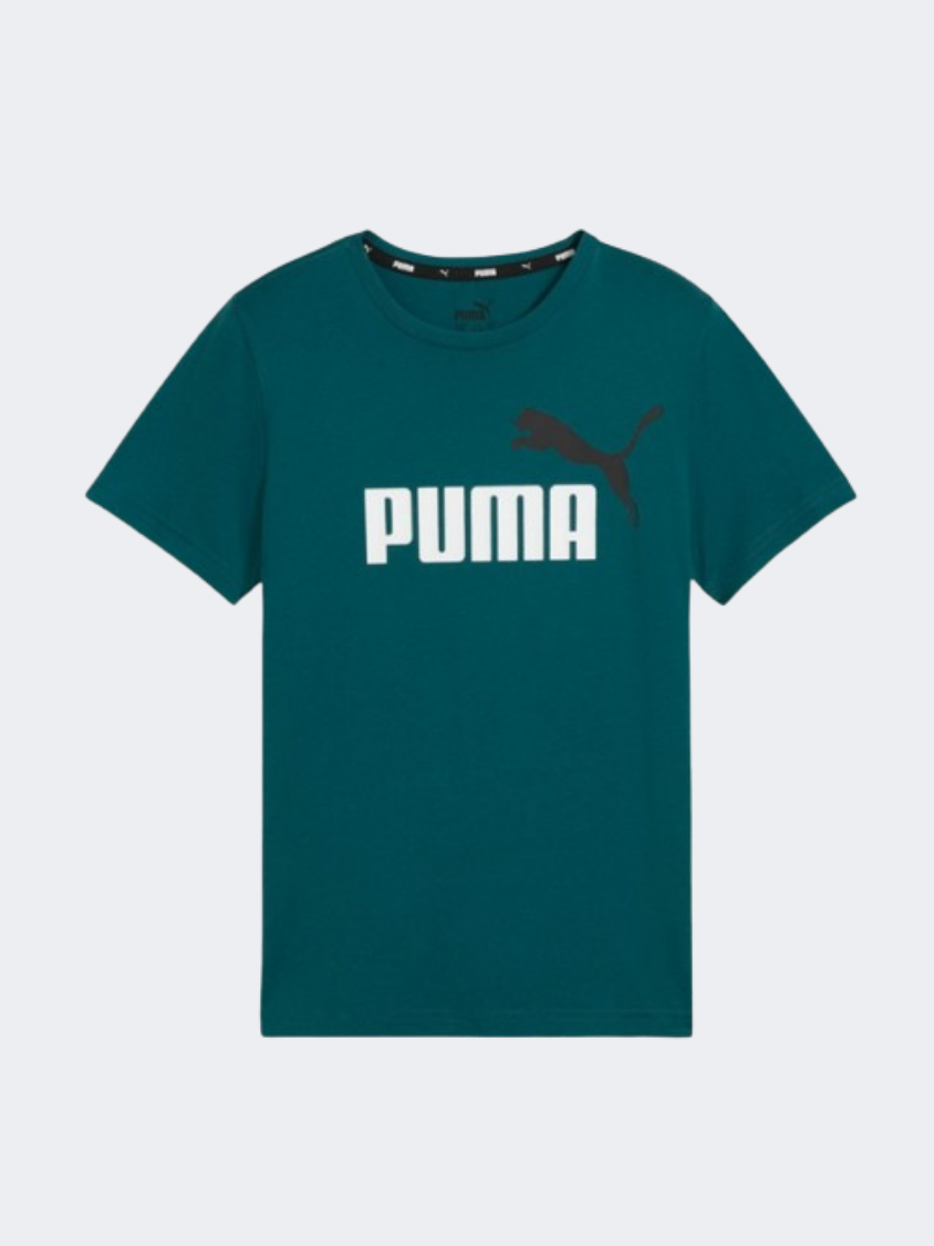 Puma Essential Plus 2 Logo Boys Lifestyle T-Shirt Cold Green