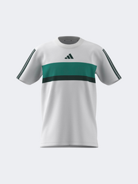 تيشيرت رياضي للأولاد Adidas Seasonal Essentials Tiberio 3-Stripes أبيض/تركوازي نقي