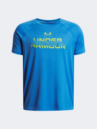 تيشيرت تدريب للأولاد Under Armour Tech Split Wordmark أزرق أتلانتس