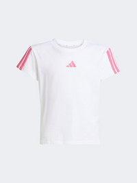 أديداس قميص رياضي للبنات الصغار بخطوط ثلاث بيضاء/وردية