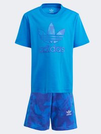طقم أولاد صغار صيفي بطبعة كاملة من Adidas Original أزرق بيرد