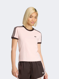 تيشيرت نسائي ضيق من Adidas Originals بثلاثة خطوط بلون وردي رملي/بني قهوة