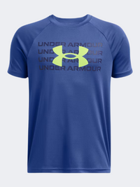 Under Armour Tech Wordmark Logo تيشيرت تدريب أولاد أزرق/أخضر مورف