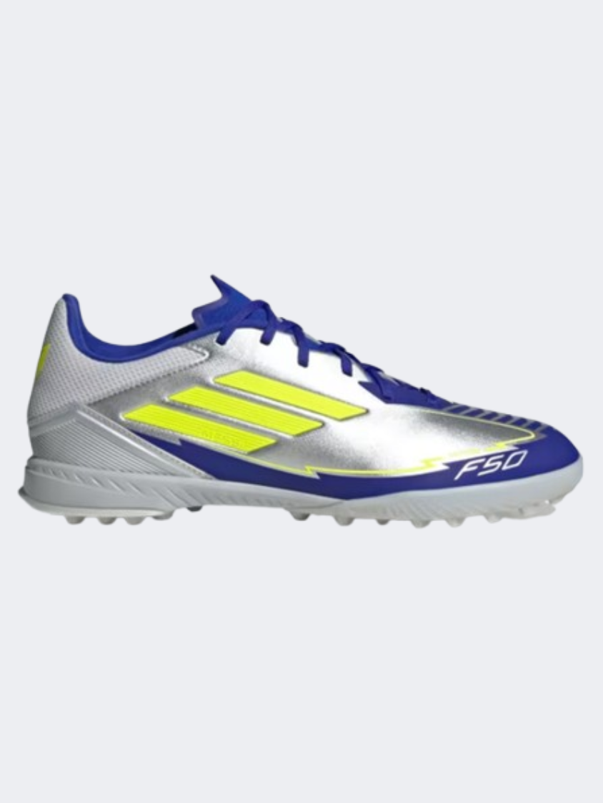 حذاء كرة القدم للرجال Adidas F50 League Tf Messi فضي/أصفر/أزرق