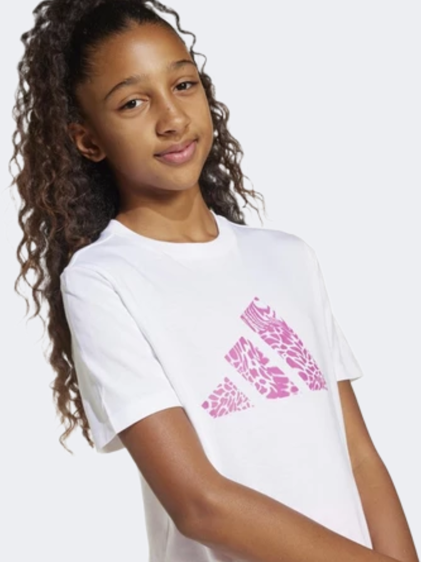 Adidas Animal-Print Graphic Kids-Girls Sportswear T-Shirt White