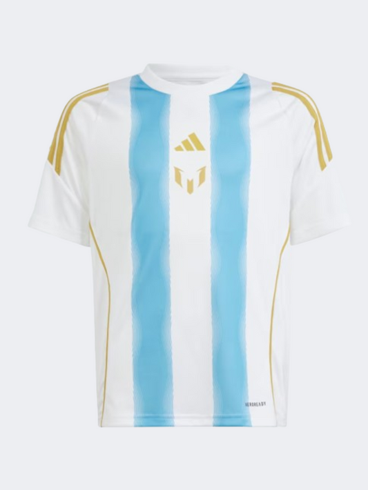 Adidas Pitch 2 Street Messi Kids Unisex Football T-Shirt White/Blue Burst