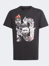 Adidas ميسي جرافيك تيشيرت كرة القدم للأولاد الأطفال أسود/رمادي/برتقالي