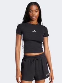 تيشيرت رياضي نسائي Adidas Essentials 3 Stripes Slim أسود/أبيض