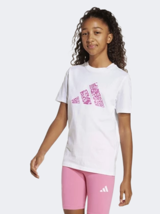 Adidas Animal-Print Graphic Kids-Girls Sportswear T-Shirt White