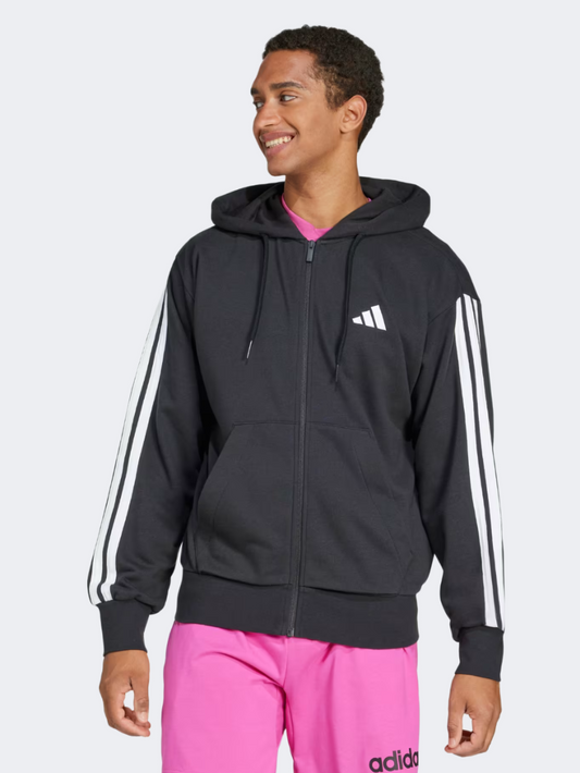 Adidas Essentials 3 Stripes French Terry Full Zip Men Sportswear Hoody Black/White