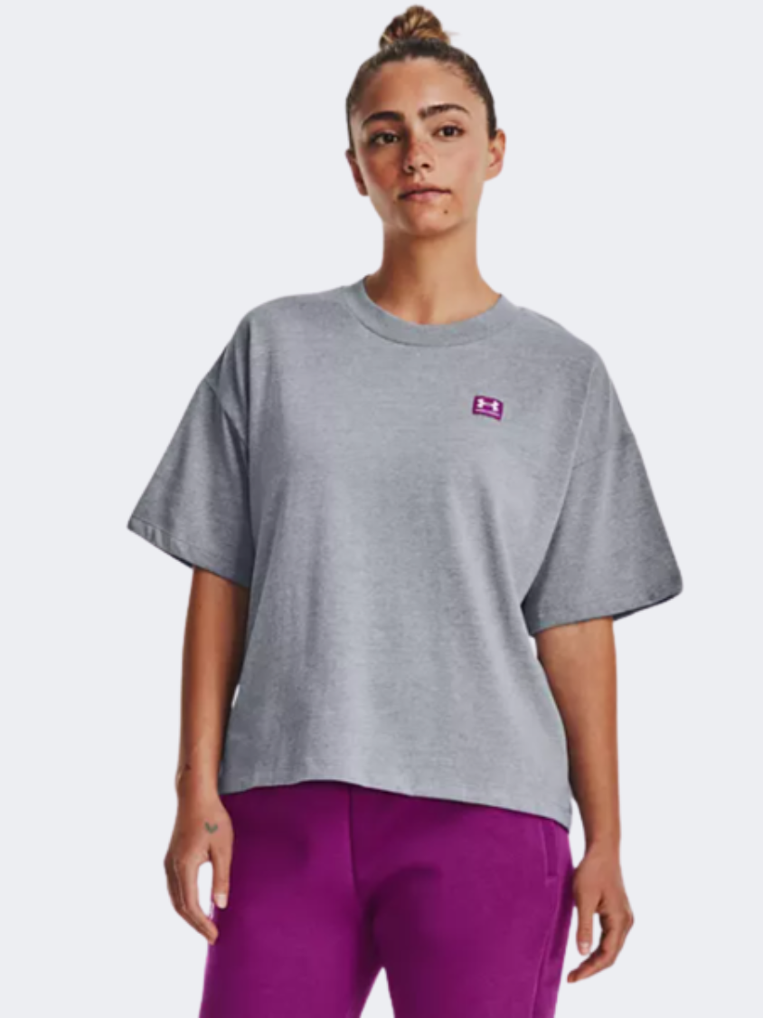 Under Armour Logo Lc Oversized Heavyweight Women Training TShirt Steel Light/Magenta