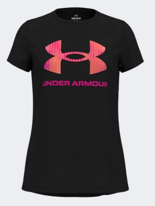 Under Armour Tech Print Girls Training T-Shirt Black/Rebel Pink
