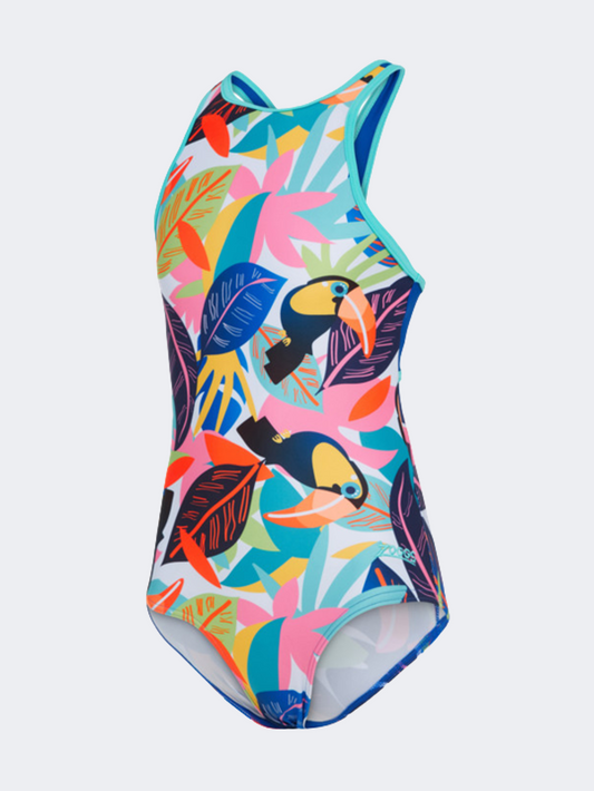 Zoggs Toucan Print Hi Front Crossback Girls Swim Monokini Multicolor
