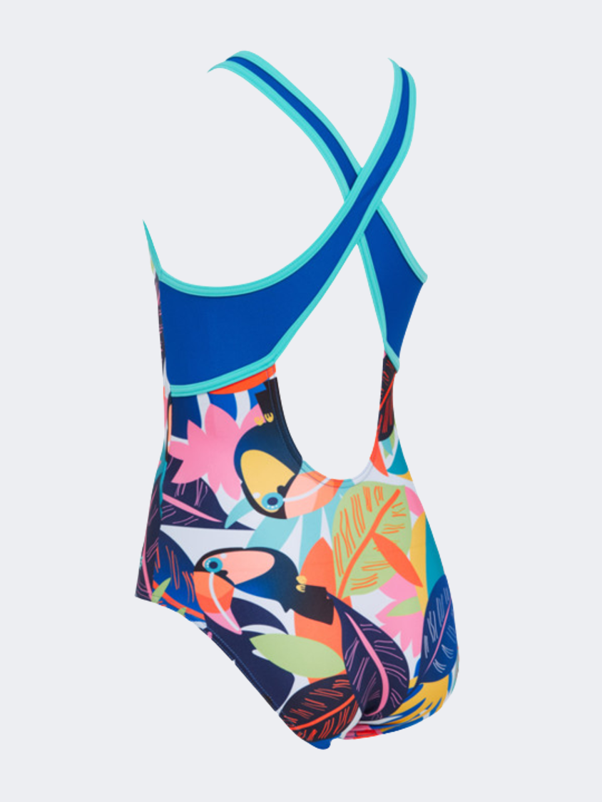 Zoggs Toucan Print Hi Front Crossback Girls Swim Monokini Multicolor