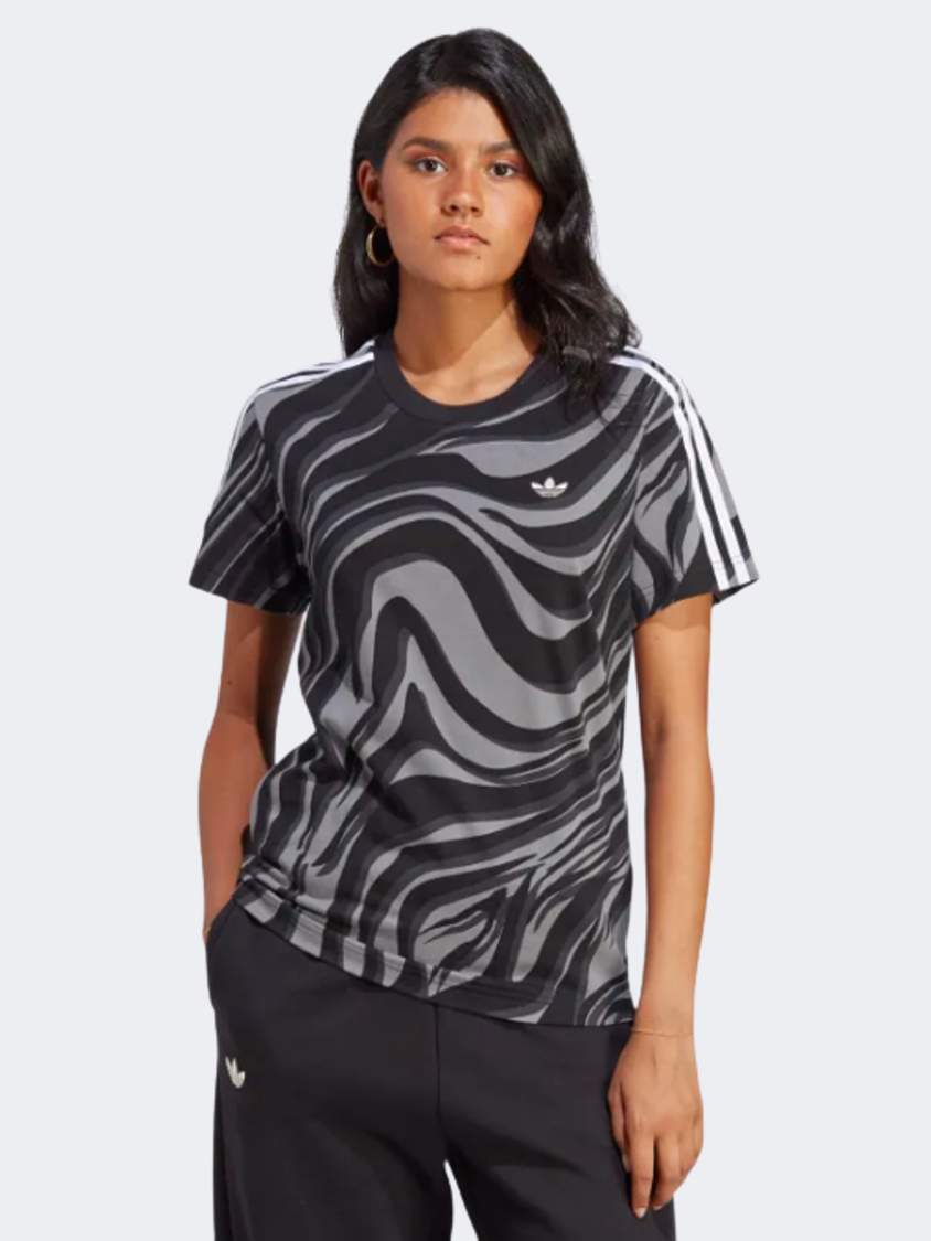 Adidas Abstract Allover Animal Print Women Original T-Shirt Black/Grey