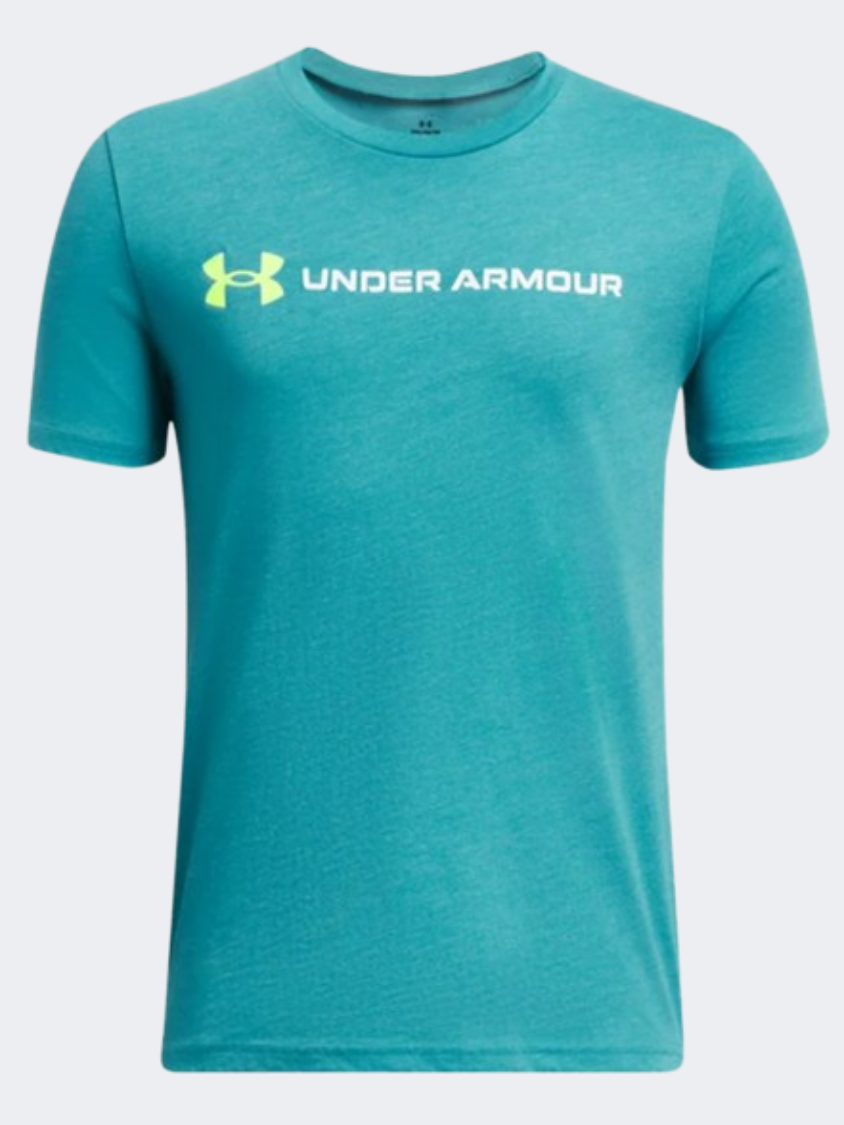 Under Armour Logo Wordmark Boys Training T-Shirt Circuit Teal/White