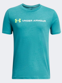تيشيرت تدريب أولاد Under Armour Logo Wordmark سيركيت تيل/أبيض
