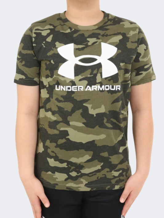 Under Armour Left Chest Logo Boys Training T-Shirt Marine Green/White